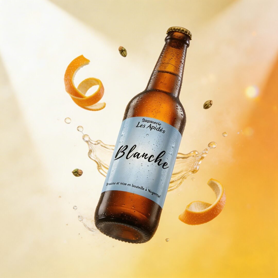 Bière Blanche 3 Bouteille de bière Les Apidés Blanche entourée de zestes d'orange et de graines de coriandre
