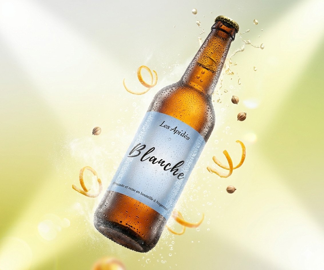 Bière Blanche 2 Bouteille de bière blanche Les Apidés avec des zestes d'orange et des graines de coriandre